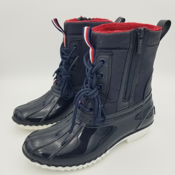 Tommy Hilfiger Women's Hierra Faux Fur-Lined Duck Rain/Snow Boots, Navy/Red Sz 6 - Picture 3 of 13